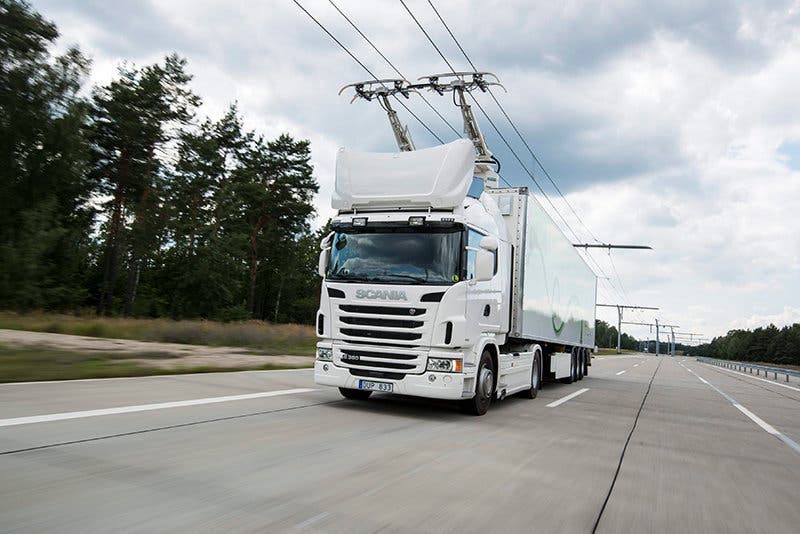 Scania G 360 4x2 with pantograph, electrically powered truck at the Siemens eHighway. Gross Dölln, GermanyPhoto: Dan Boman 2014