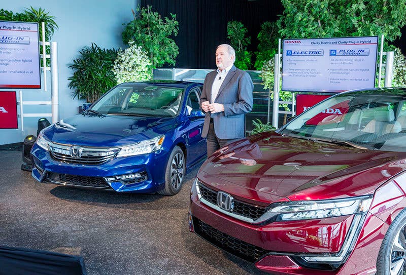 John Mendel, Executive Vice President, Automobile Division, American Honda Motor Co., Inc., announces the 2017 Honda Accord Hybrid and Honda Clarity series of electrified vehicles on April 20, 2016 in Detroit, MI.