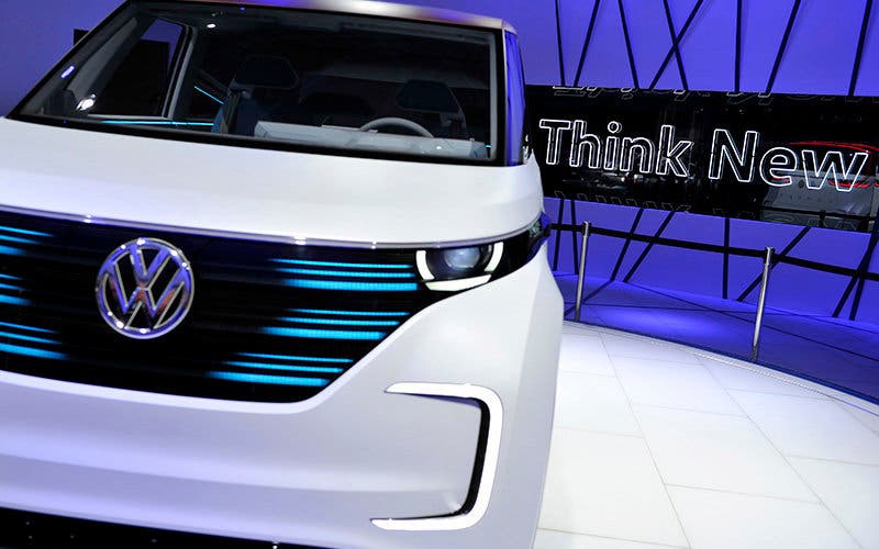 GENEVA, SWITZERLAND - MARCH 01:  A Volkswagen logo is displayed on the BUDD-e concept during the Geneva Motor Show 2016 on March 1, 2016 in Geneva, Switzerland.  (Photo by Harold Cunningham/Getty Images)