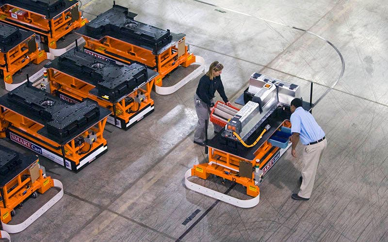The first Chevrolet Volt battery makes its way through the General Motors Brownstown Battery plant on an automated guided cart (AGC) in Brownstown Township, Michigan Tuesday, December 22, 2009. The Brownstown facility is the first lithium ion battery pack manufacturing plant in the U.S. operated by a major automaker. (Photo by Jeffrey Sauger for General Motors) (01/07/2010)