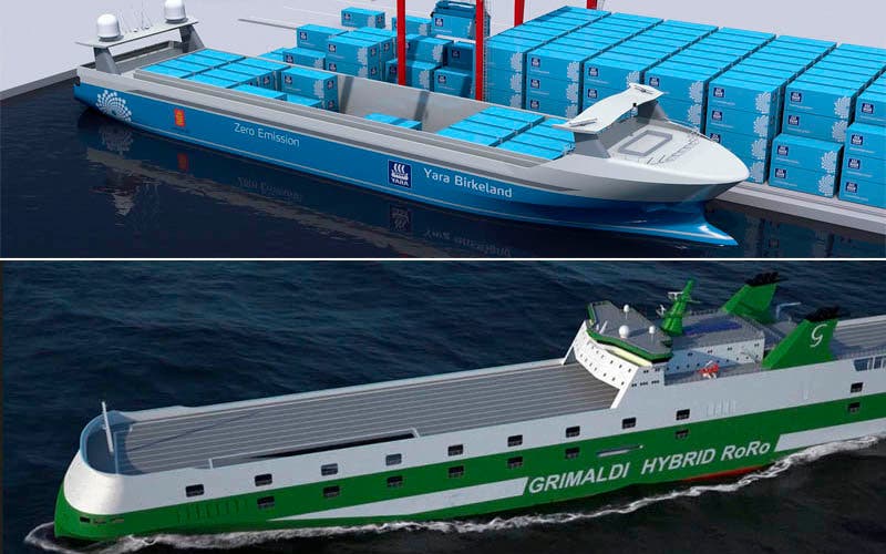 Yara Birkeland y Grimaldi Green 5th Generation, dos buques eléctricos desarrolaldos por Konsberg con baterías de Leclanché