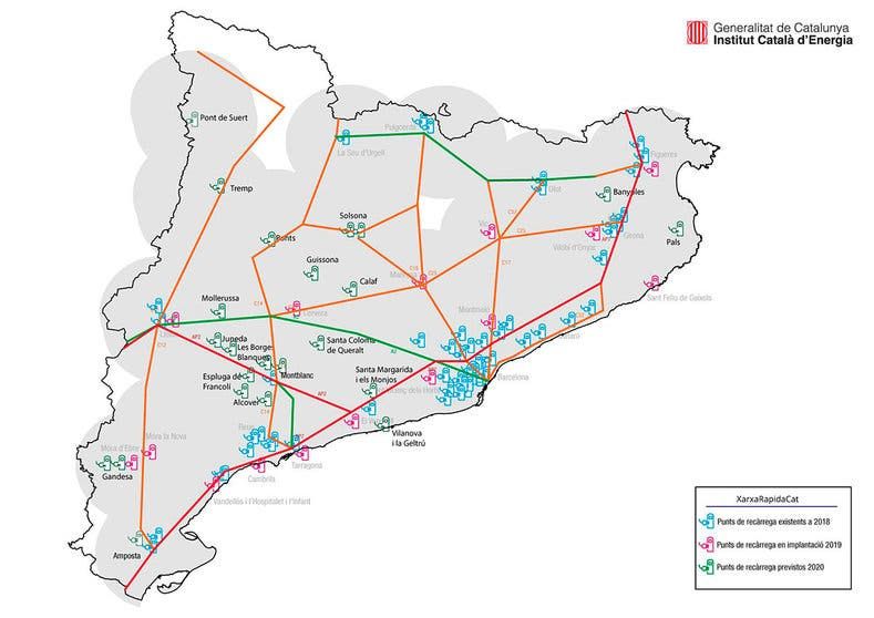 Mapa de la Xarxa bàsica pública de recàrrega ràpida de Catalunya