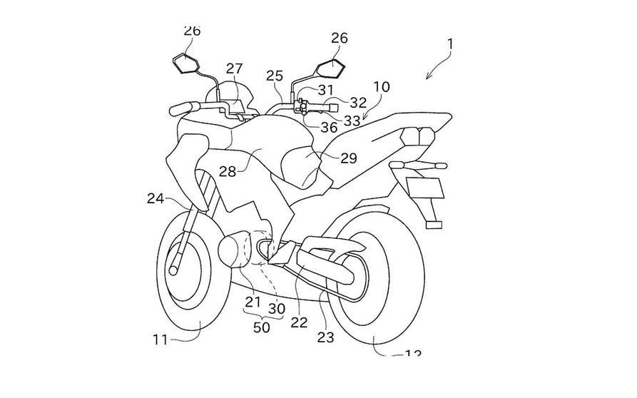 Imágenes de la patente de Kawasaki sobre una moto híbrida.