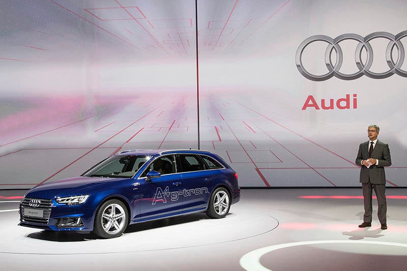 Prof. Rupert Stadler, Chairman of the Board of Management AUDI AG, next to the Audi A4 Avant g-tron at the Volkswagen Group Night (IAA) in Frankfurt.