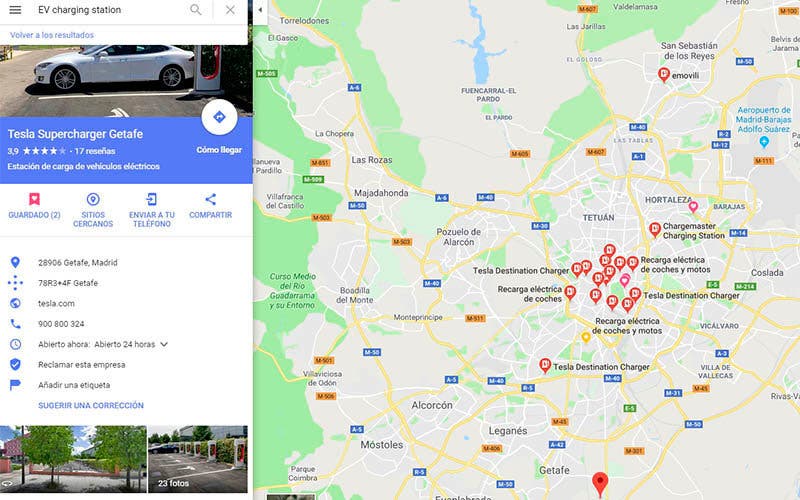 Búsqueda de estaciones de recarga a través de Google Maps en Madrid y sus alrededores