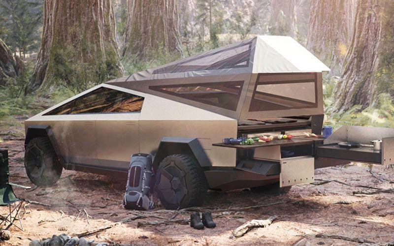 Versión camper del tesla Cybertruck, con una cama plana trasera climatizada