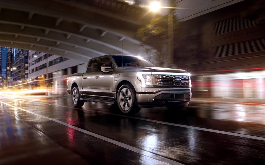 2022 Ford F-150 Lightning Platinum. Pre-production model with available features shown. Available starting spring 2022.