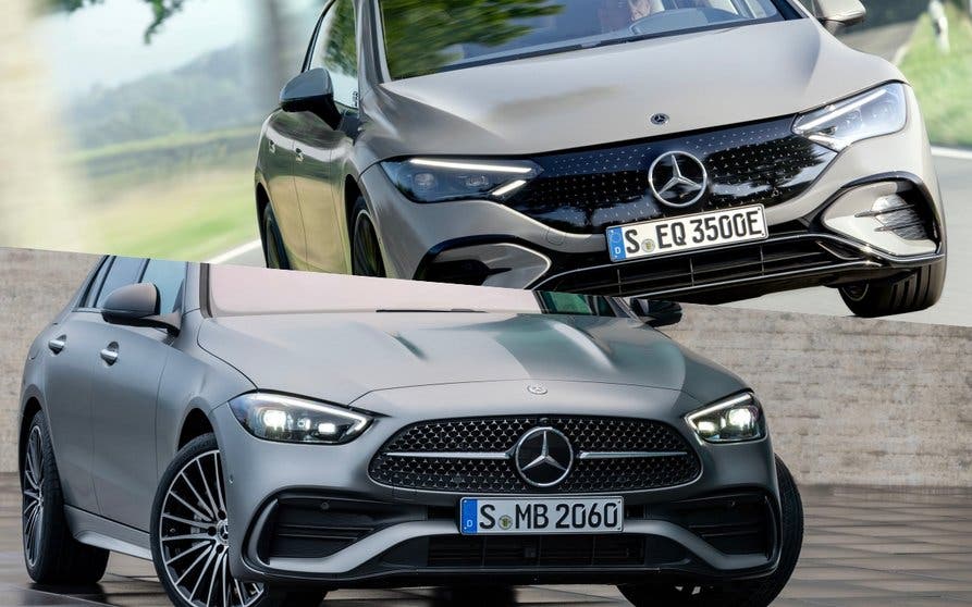 Mercedes EQE eléctrico (arriba) y Clase E (abajo).