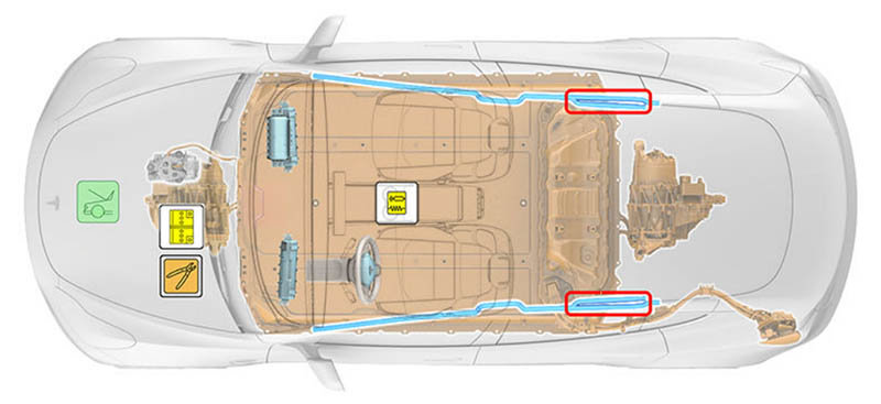 Cilindros de inflado de los airbags en un Tesla Model 3