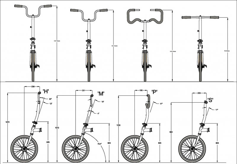 Manillares y cotas de las diferentes configruaciones de las bicicletas Brompton