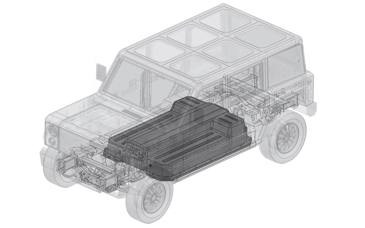 Batería en forma de ‘T’ con núcleo estructural en ‘I’ de Bollinger Motors. Imagen de la patente.