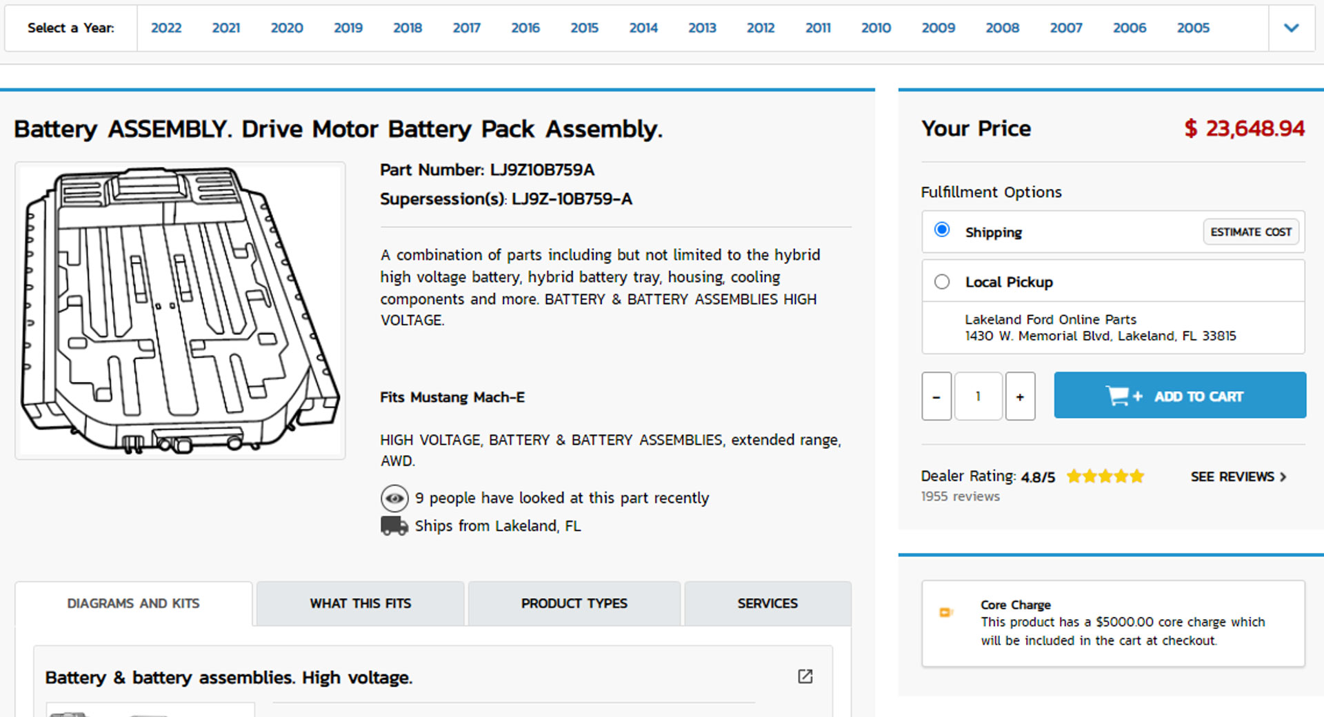 Captura de pantalla del sitio web que ofrece las baterías para el Ford Mustang Mach-E.