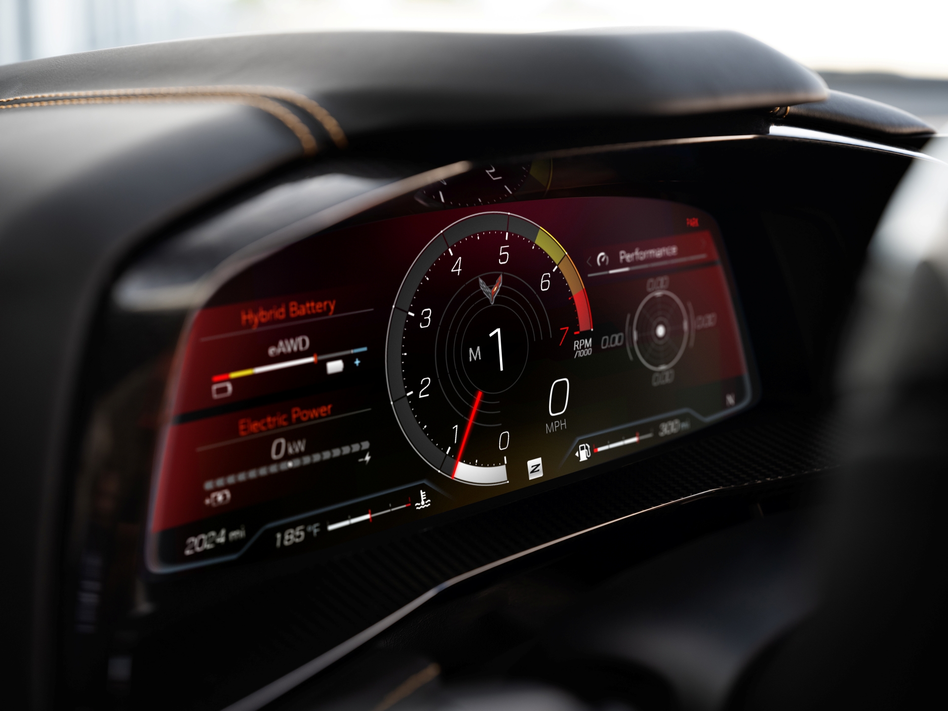 Close up view of gauges layout on E-Ray Performance App on the infotainment screen. Pre-production model shown. Actual production model may vary. Model year 2024 Corvette E-Ray available 2023.