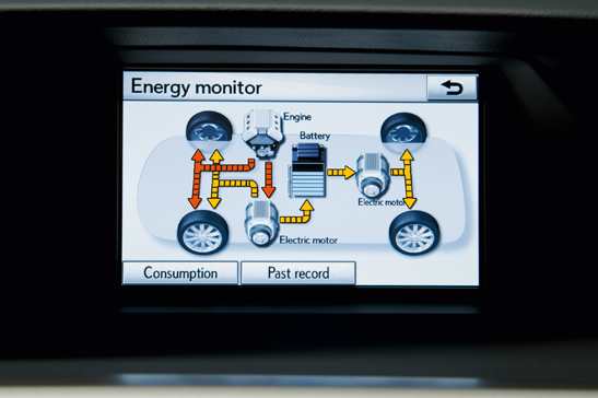 En      los vehículos híbridos, una pantalla en el salpicadero muestra el      funcionamiento del sistema en cada momento. En la imagen, apreciamos  que     están funcionando el motor de combustión y los dos eléctricos.