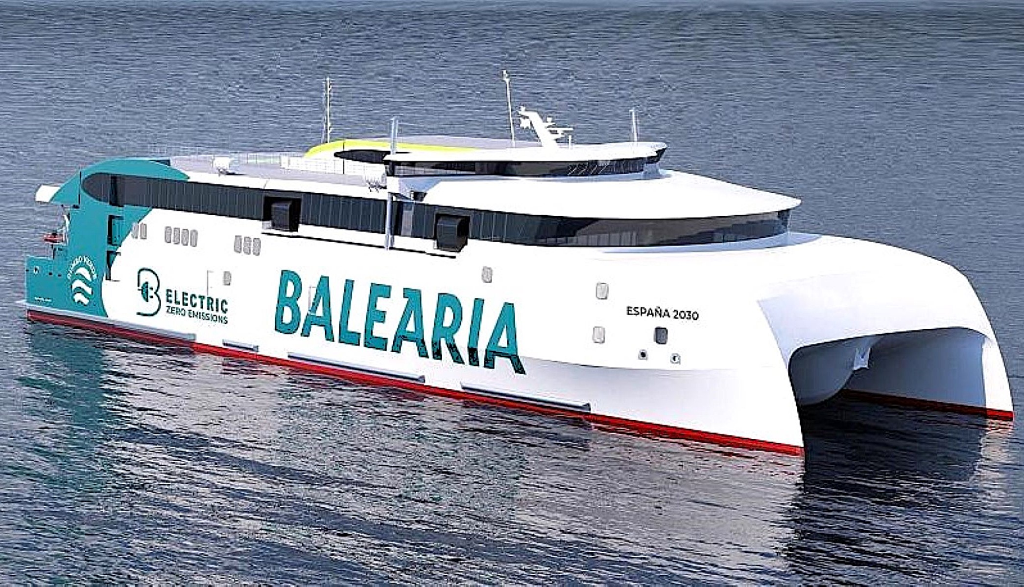 Recreación del primer ferry eléctrico intercontinental que, botado por Baleària, unirá España y Marruecos a partir de 2028.