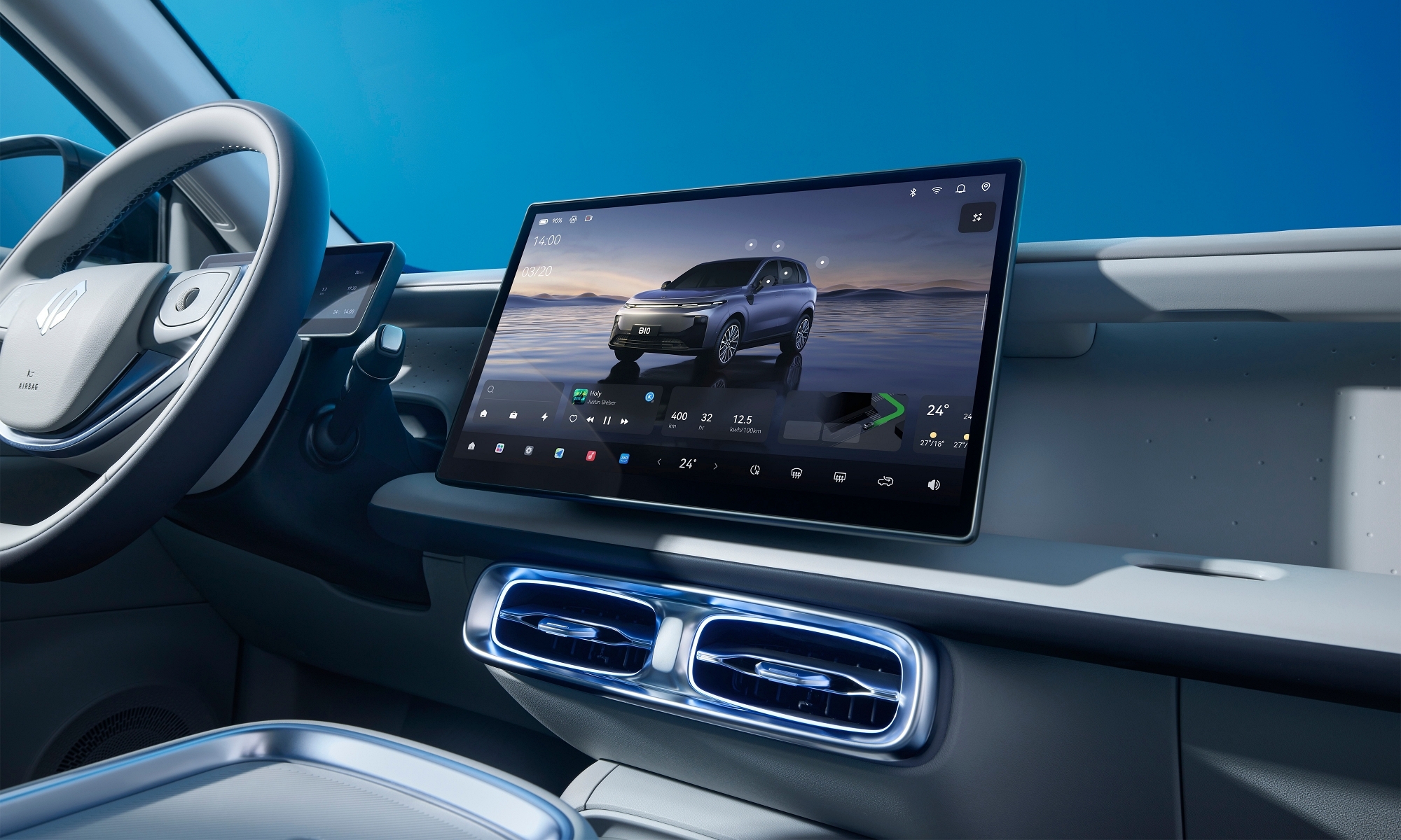 El interior B10 ofrece un estilo minimalista con pantallas de gran tamaño.