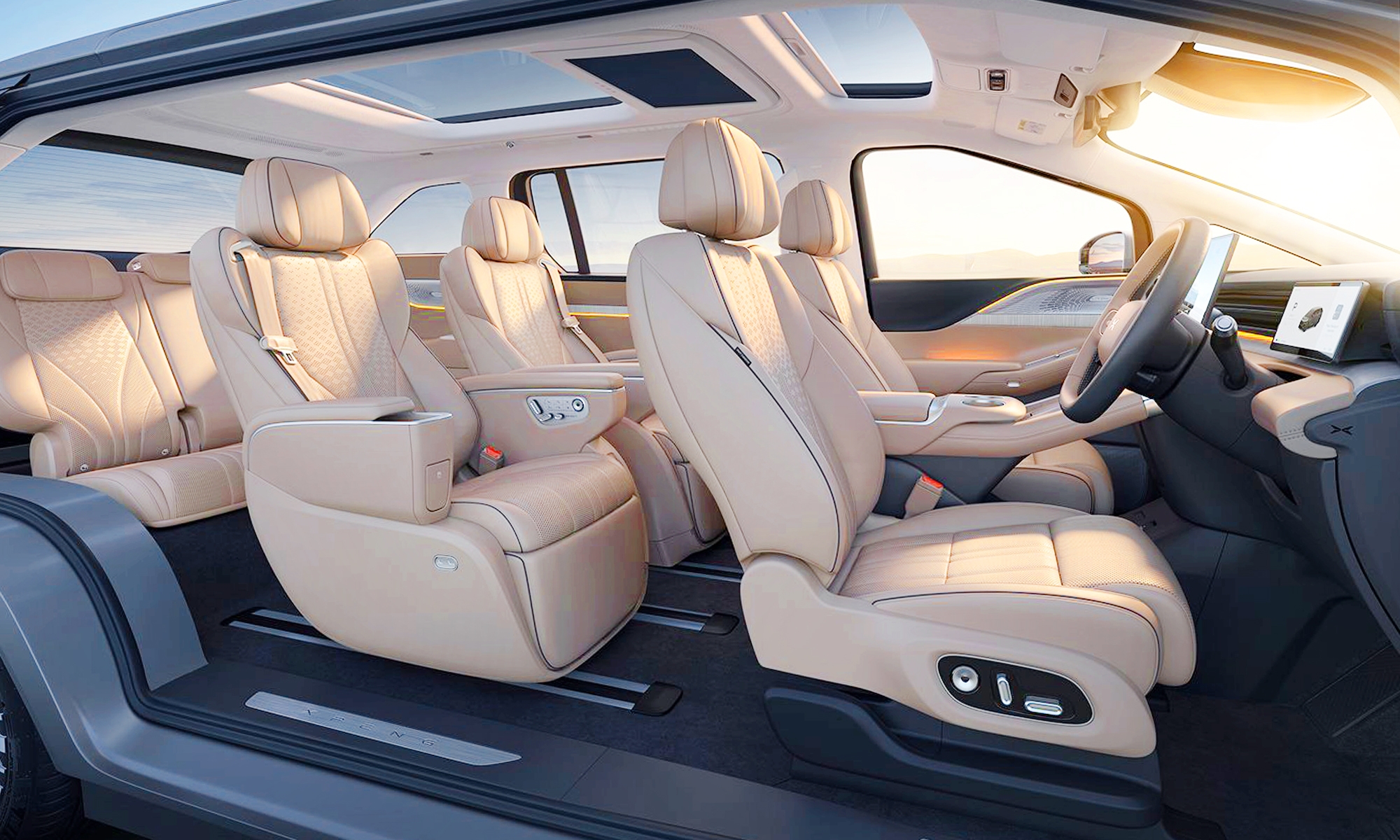 El Xpeng X9 ofrece lujo y confort interior para sus seis ocupantes.