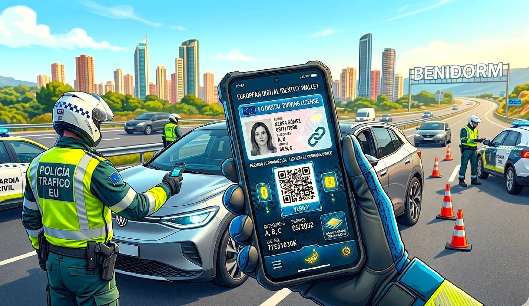 El nuevo carnet de conducir digital será obligatorio, entre otros documentos,  en la UE para 2030. Foto: Nano Banana.