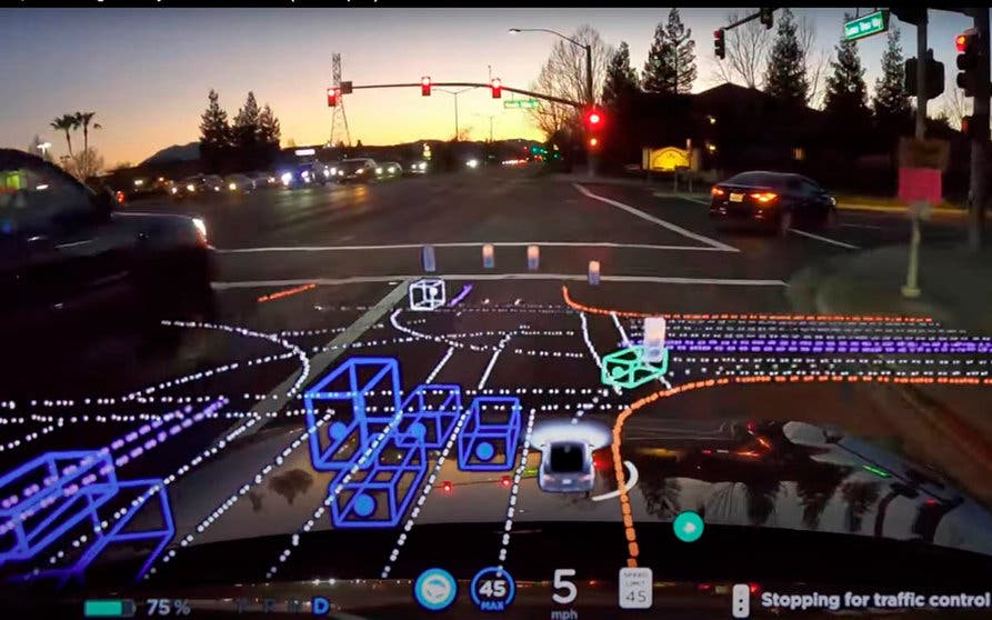  Así ve su entorno la versión beta del sistema de conducción autónoma total del Autopilot de Tesla. Imagen extraída del vídeo del canal de Youtube AI DRIVR. 