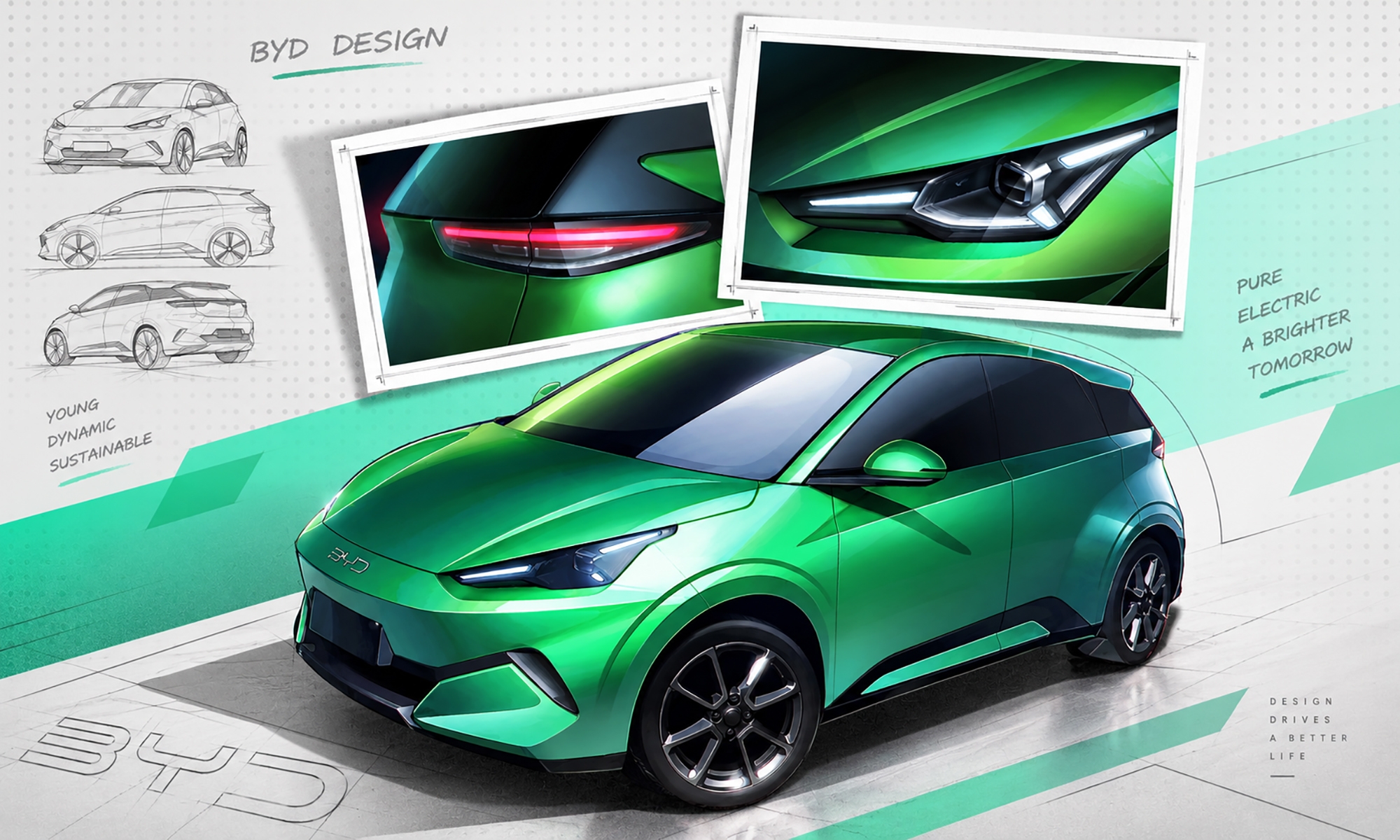 Aunque el nuevo BYD Dolphin Surf se filtró hace días, la marca publica ahora unos bocetos de su diseño.