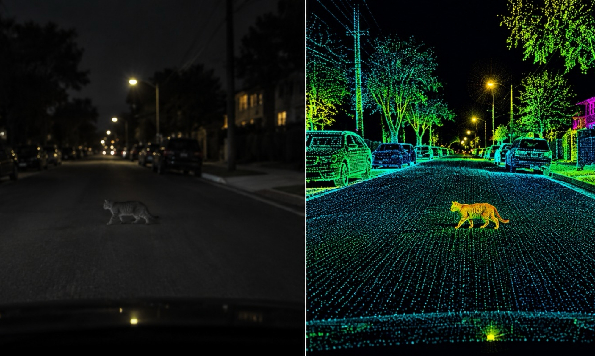 La diferencia entre una cámara y un radar LiDAR es más notable cuando hay menos luz.