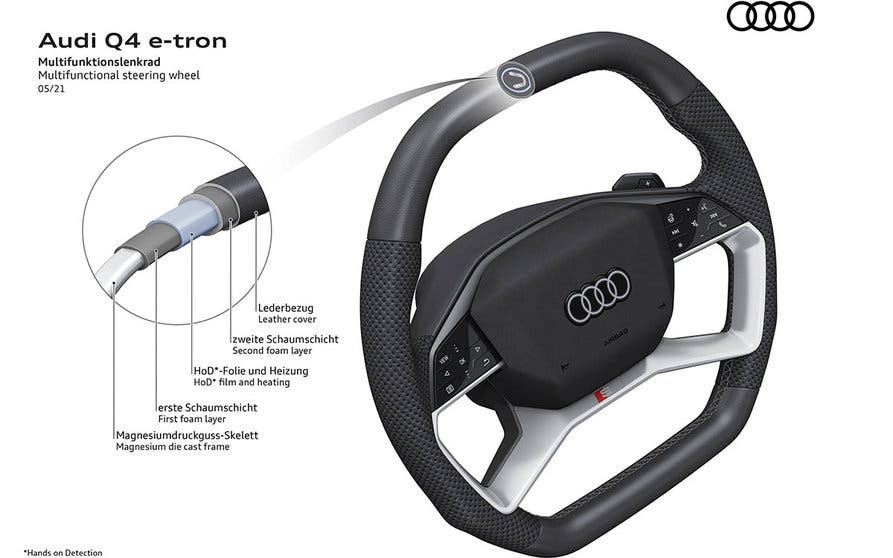  El volante del Audi Q4 e-tron sustituye todos los botones físicos por pantallas táctiles multifunción. 