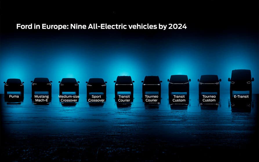 Ford anuncia nueve vehículos eléctricos que verán la luz hasta 20024, de los cuales cinco serán comerciales ligero, otro un crossover de tamaño mediano y otro un SUV deportivo. Uno de ellos utilizará la tecnología de la plataforma modular eléctrica MEB de Volkswagen. 