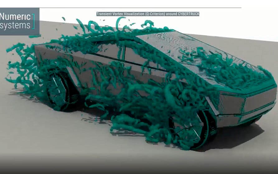  Simulaciones de la respuesta aerodinámica del Tesla Cybertruck realizadas por Numeric Systems sobre una versión del vehículo que todavía no es la definitiva. Por ahora, y sin pulir los defectos, el coeficiente de arrastre se sitúa en 0,39. 