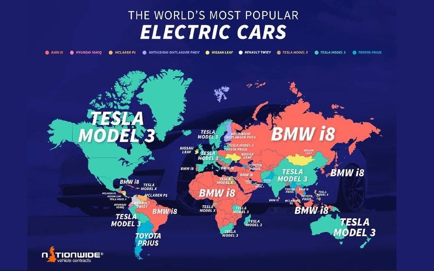  Mapa de los coches electrificados más buscados por países en Google. 