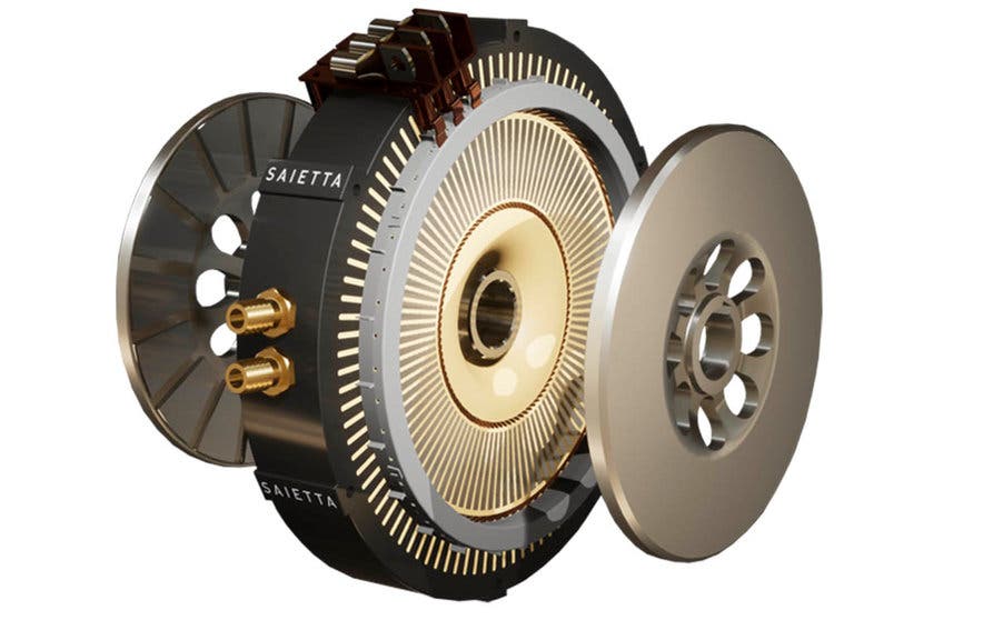  Motor eléctrico flujo axial de Saietta, formado por un rotor en forma de disco intercalado entre dos estator, también en forma de disco. 