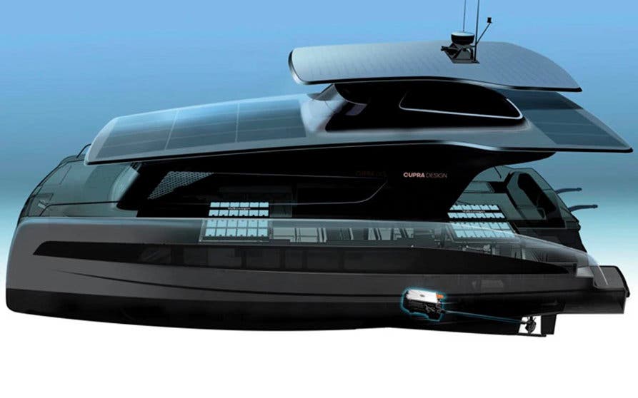  Concepto de diseño de Cupra del yate eléctrico propulsado por la tecnología de la plataforma modular MEB de Volkswagen y alimentado por los paneles solares de Silent-Yachts. 