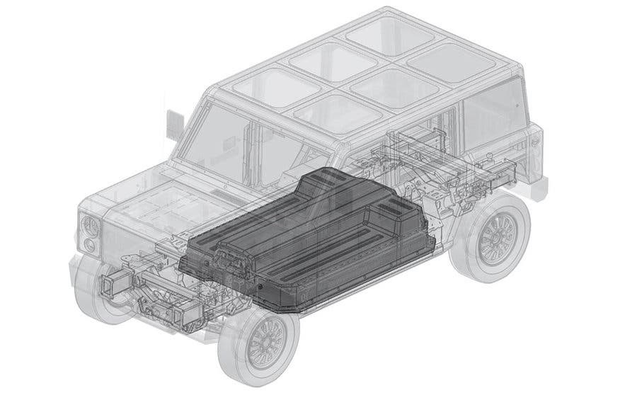  Batería en forma de ‘T’ con núcleo estructural en ‘I’ de Bollinger Motors. Imagen de la patente. 