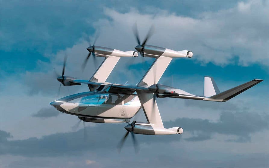 La configuración de vuelo del eVTOL Sigma-6 de ATX utiliza una ala basculante de 11,6 metros sobre la que se sitúan los seis puntales que sujetan los rotores.