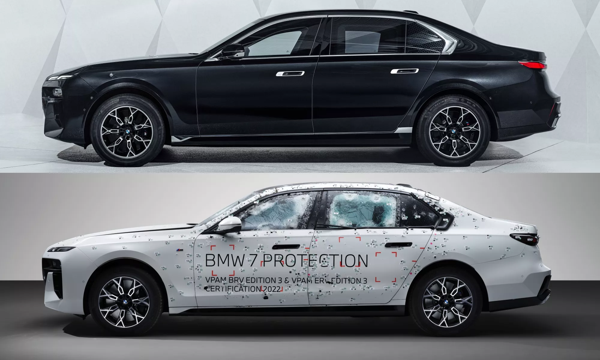 BMW i7 Protection, antes y después de recibir un ataque con armas de fuego.