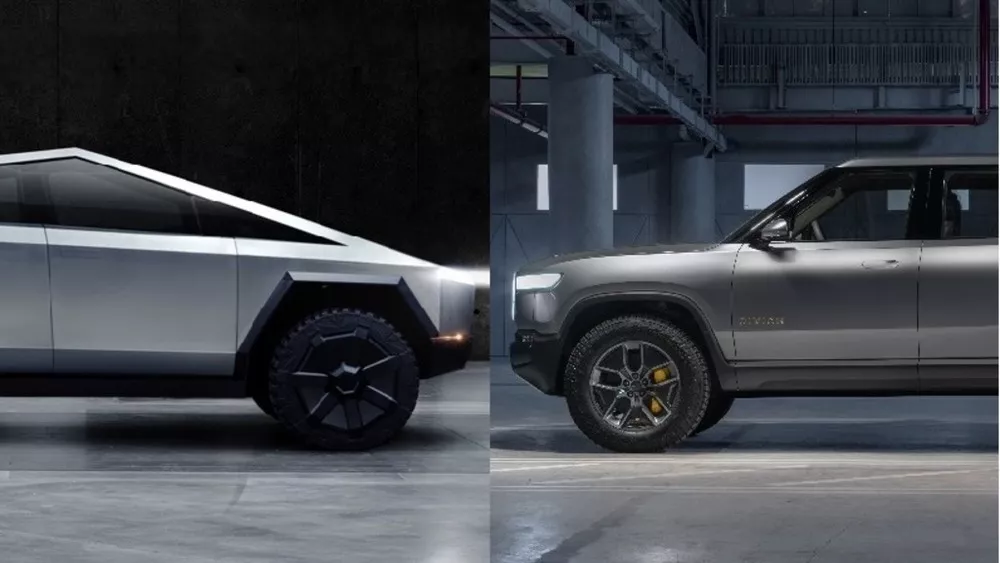 Tesla Cybertruck y Rivian R1T vistas un al lado de la otra. La pregunta que todo el mundo se hace es ver cuál es la más grande.