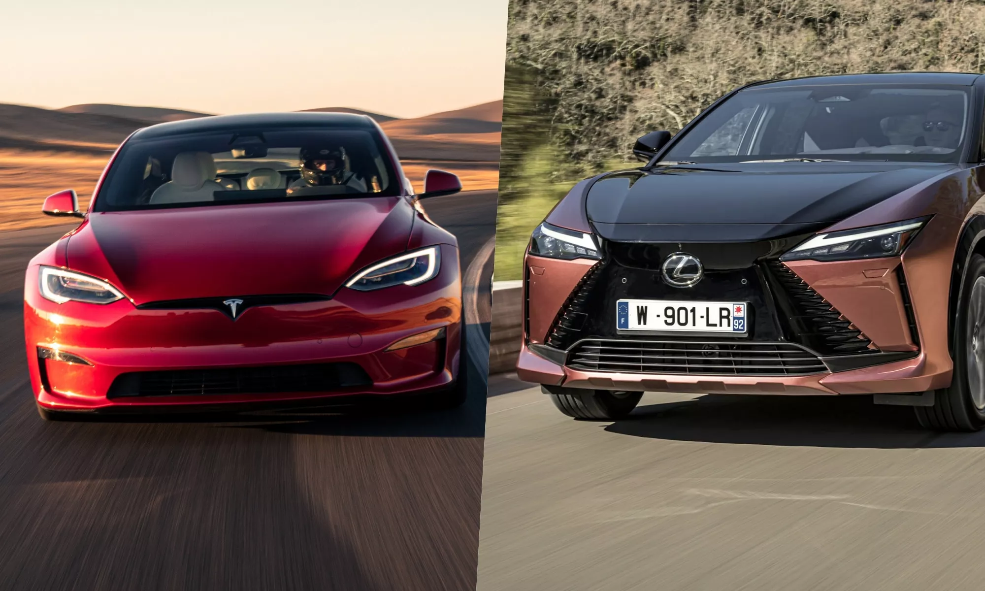 El coche más potente de Tesla (izquierda) junto al eléctrico más moderno de Lexus.