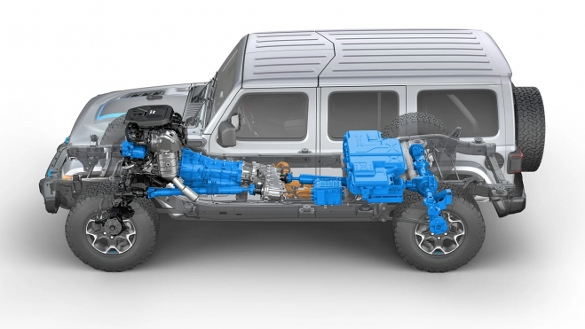 La parte eléctrica del Wrangler 4xe se compone por una batería de 17,3 kWh y un motor de 145 CV.