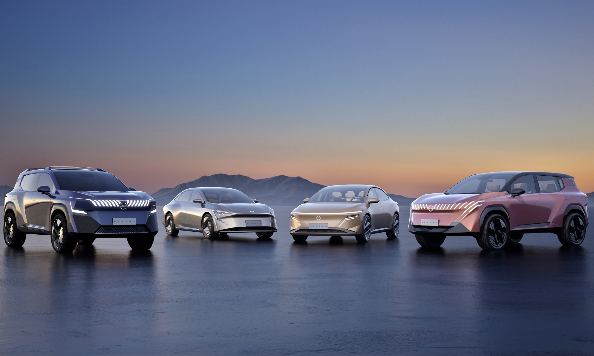 De izquierda a derecha: Nissan Era, Nissan Evo, Nissan Epoch y Nissan Epic.