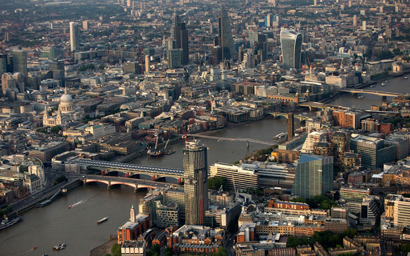 Famous London landmarks are seen in this aerial photograph, including Blackfriars Bridge in the foreground, the Millenium Bridge, center, St.Pauls Cathedral, left, 20 Fenchurch Street, also known as the 