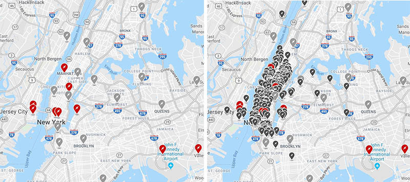 Mapa de supercargadores y cargadores en destino de Tesla en Nueva York