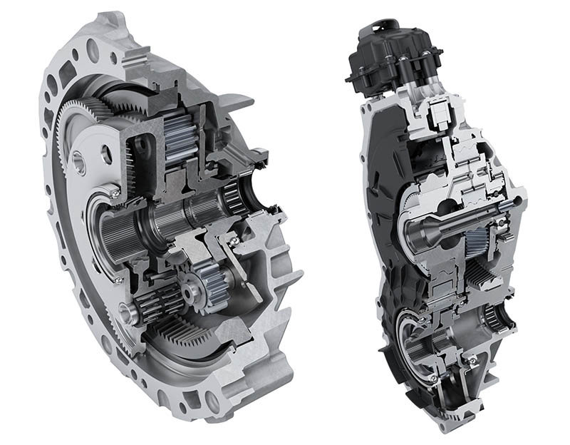 Transmisiones de Schaeffler para el Audi e-tron. A la izquierda, transmisión coaxial para el eje trasero, a la derecha, transmisión paralela para el eje delantero
