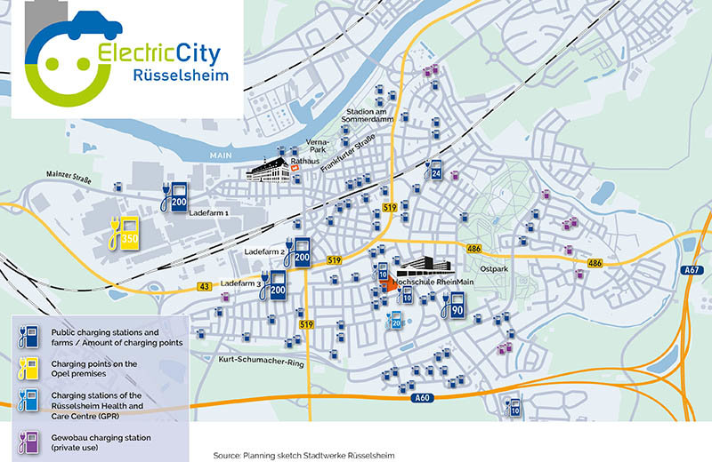 Mapa de ubicación de los puntos de recarga de la ciudad de Rüsselsheim
