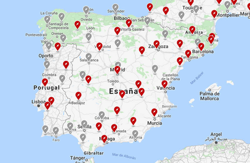 Red de Supercargadores de Tesla en España. Fuente Tesla