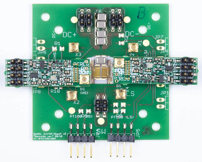 Convertidor de voltaje basado en circuitos integrados de potencia de GaN que miden 4 x 3 mm².Fuente Fraunhofer IAF