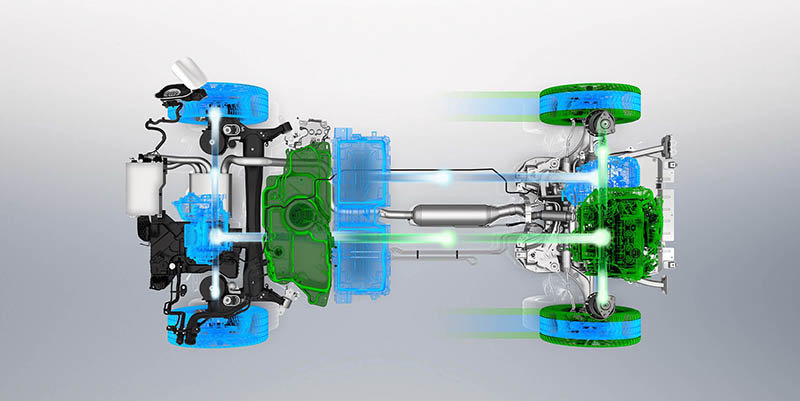 Mecánica hírida enchufable del Peugeot 3008 GT Hybrid4. En azul los componentes eléctricos y en verde el motor de gasolina y el depósito