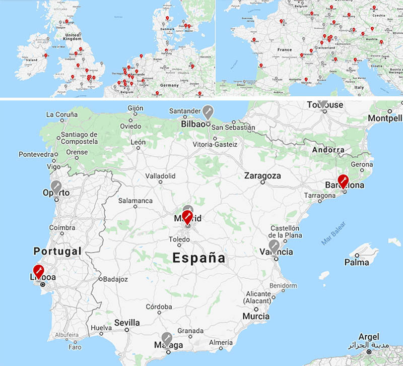 Ubicación de los servicios de atención de Tesla en Europa nuevos centros en gris y existentes en rojo)