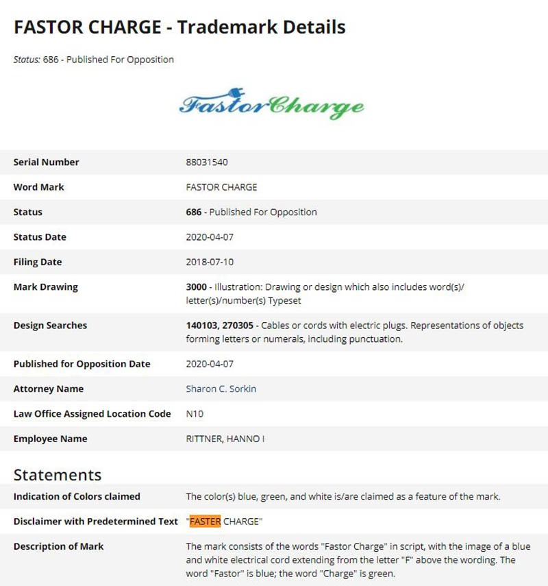 Registro de la marca FastorCharge de Ford