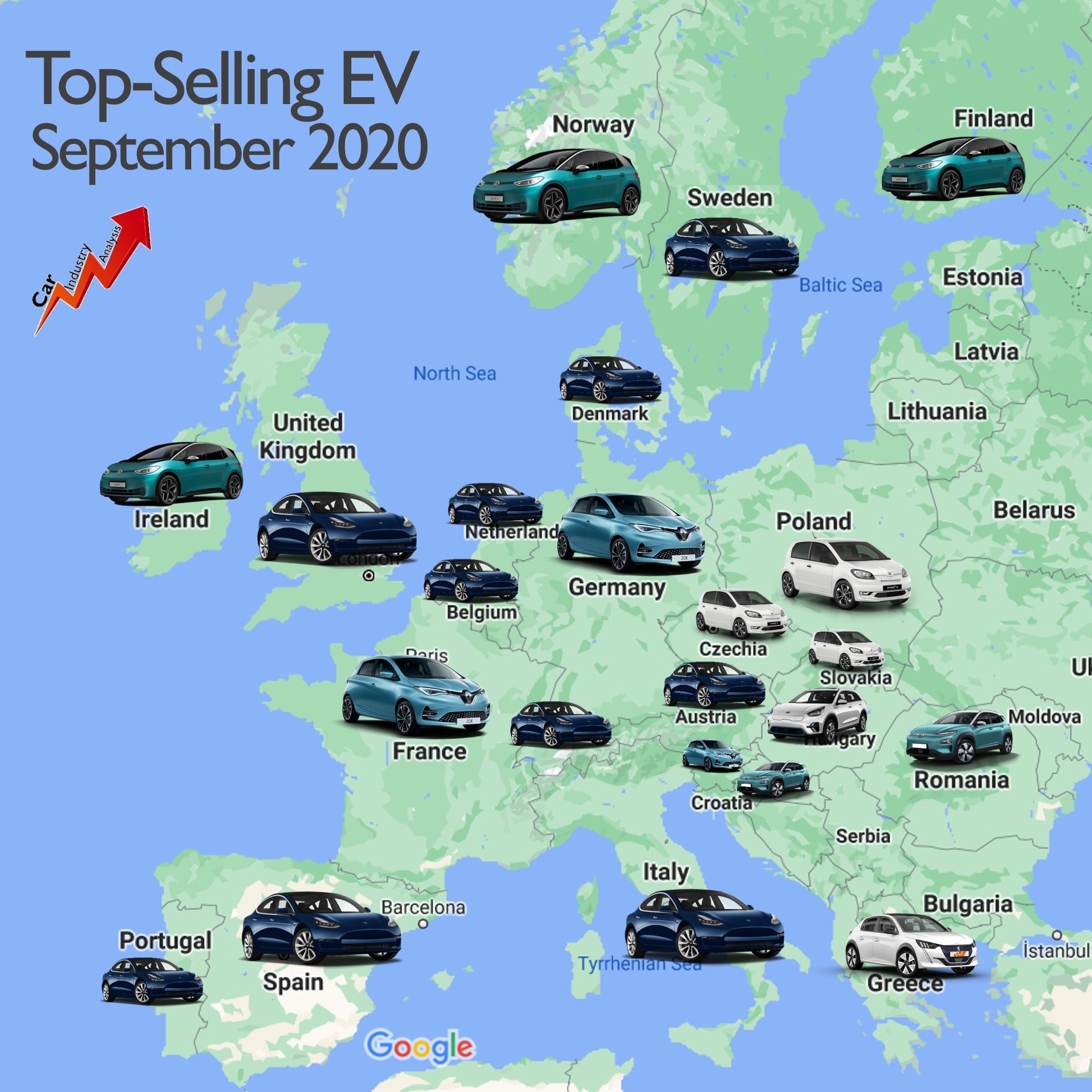 Coches eléctricos más vendidos en Europa por países.