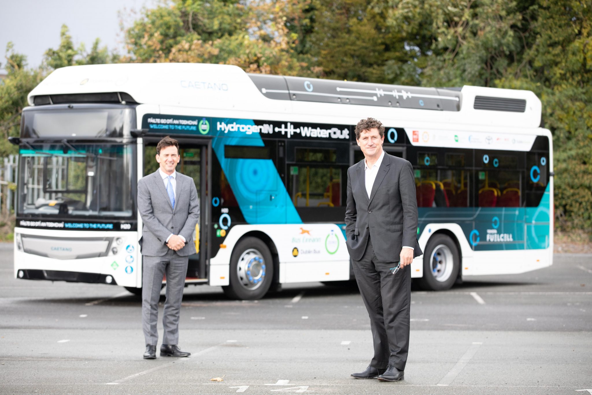 Minister for Climate Action, Communication Networks and Transport Eamon Ryan TD (R) and HMI member Steve Tormey chief executive, Toyota Ireland at the launch of Ireland's first hydrogen fuel cell bus trial