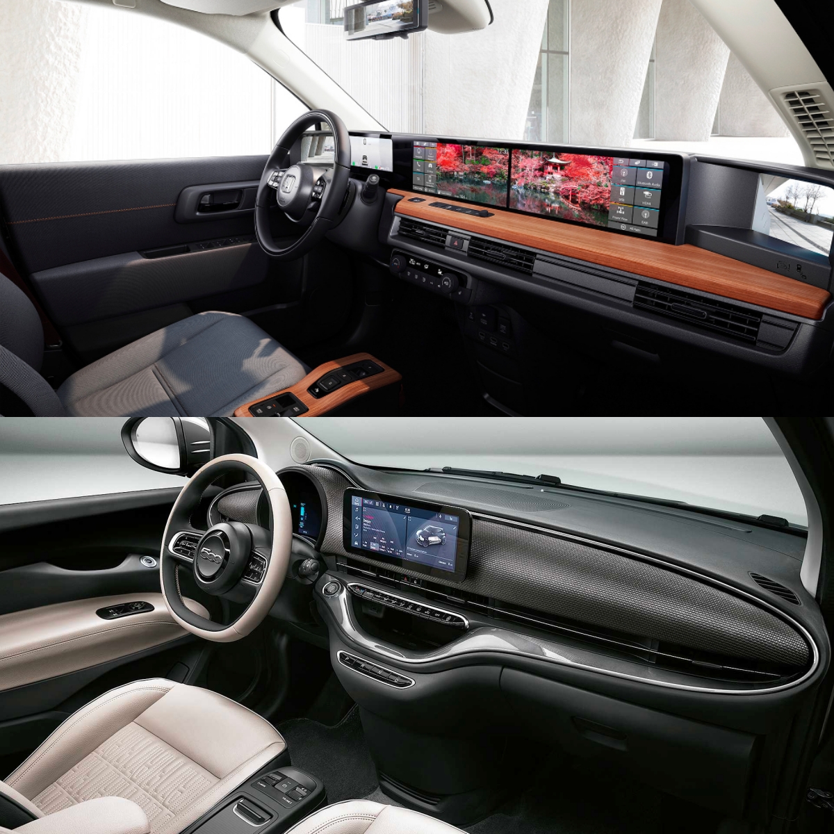 Interior del Honda e (arriba) e interior del FIAT 500e (abajo).